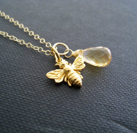 Bumble bee necklace, Honey bee necklace, Citrine necklace, Gold bee charm and birthstone