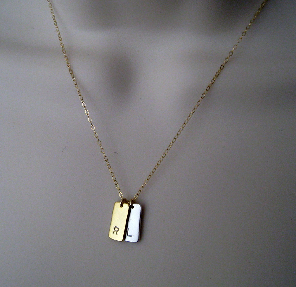 Personalized necklace, mixed metal initial rectangle tag necklace, two letter charms, lovers necklace, friends necklace