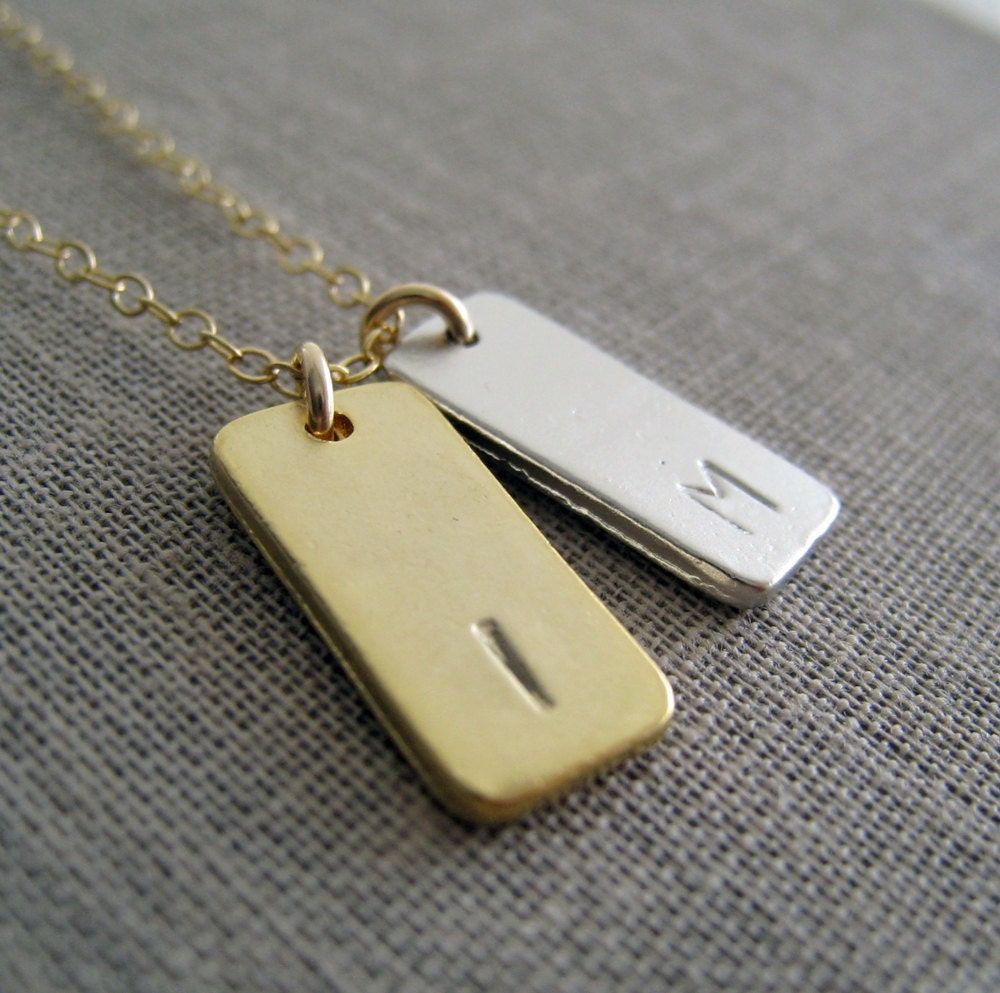 Personalized necklace, mixed metal initial rectangle tag necklace, two letter charms, lovers necklace, friends necklace