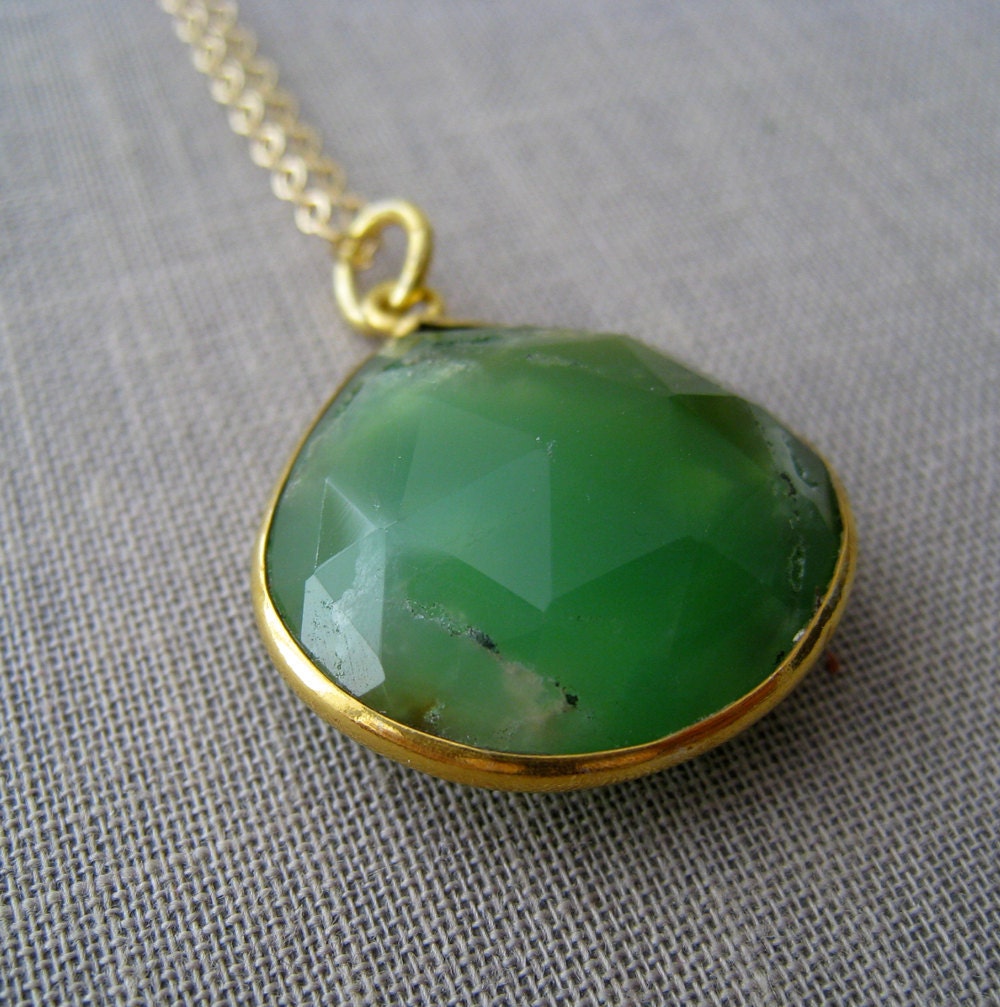 Chrysoprase bezel pendant necklace-gold bezel gemstone pendant, Moss green turquoise color, 18''long, limited edition