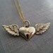Bronze heart with wings charm necklace, 14k gold filled chain, free spirit necklace