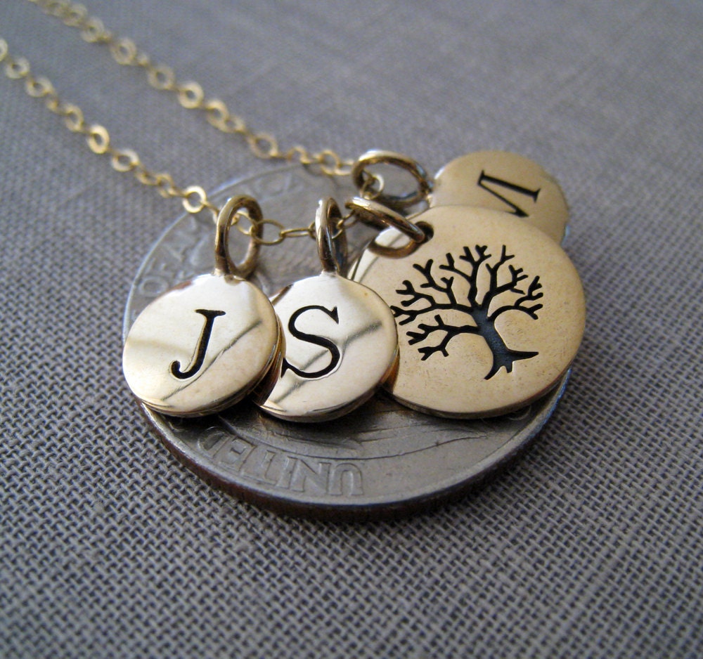 Personalized Family necklace, family tree necklace, custom initial and antique gold tree of life charm, mommy necklace