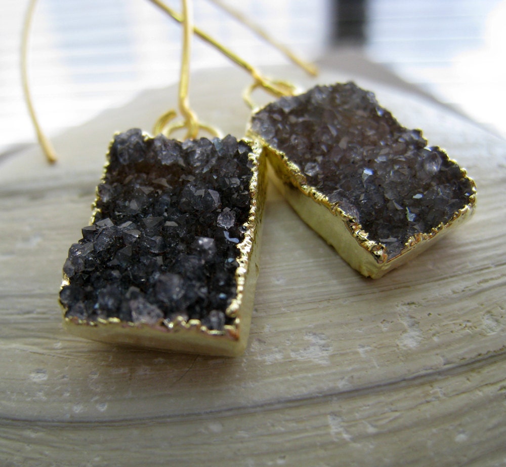 Dark purple/gray quartz druzy earrings, vermeil long earwires, rectangle druzy drop earrings