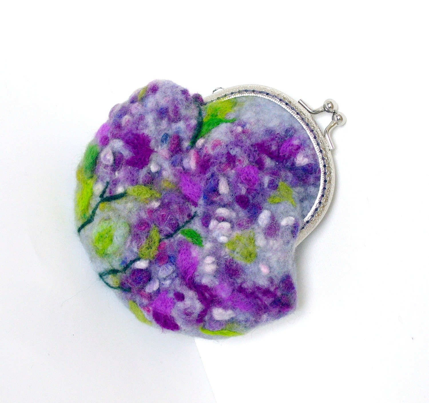 Wet Felted FLOWER Lilac Bushes coin purse Ready to Ship with bag frame metal closure Handmade gift for her under 50 USD