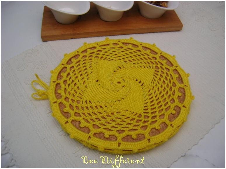Cork Trivet Doily,Hotpads, coaster,round crochet yellow