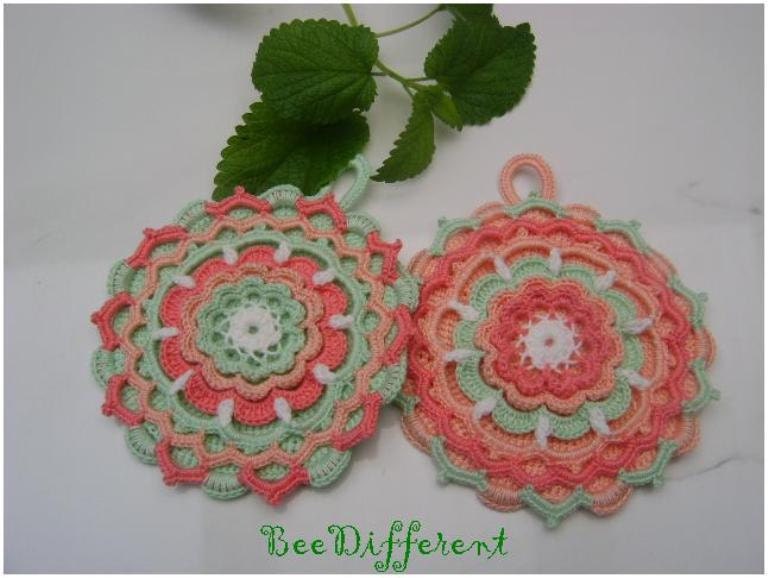 2 Crocheted Pot Holders mint & peach - Home Decor