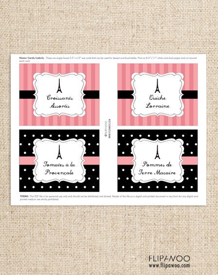 Paris Text Editable Food or Label Cards by FLIPAWOO - Passport to Paris Collection - Instant Download Printable PDF File