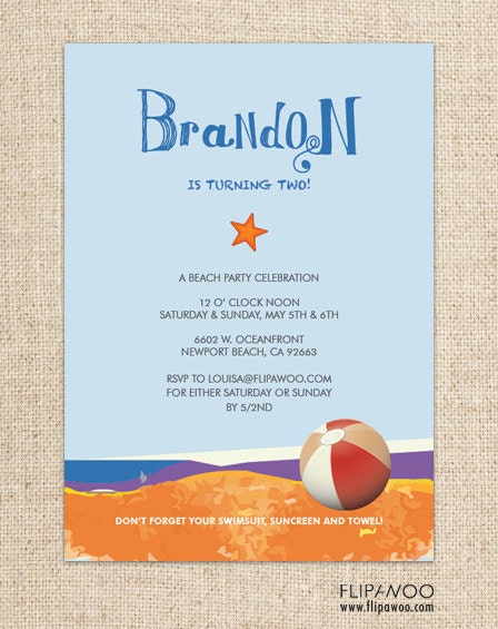 Beach Birthday Party Invitation - Beach Ball and Starfish - by FLIPAWOO - Customized Printable File