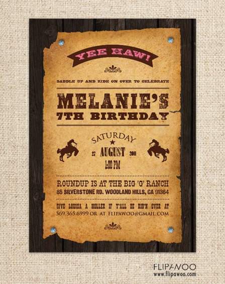 Western Cowboy or Cowgirl Invitation for a Birthday Party by FLIPAWOO  - Customized Printable File