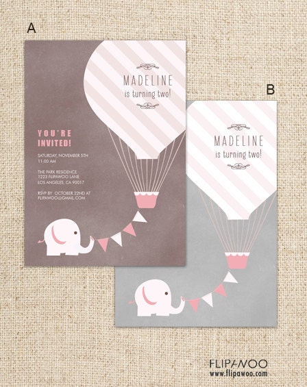 Elephant with Hot Air Balloon Birthday Party Invitation by FLIPAWOO - Customized Printable File
