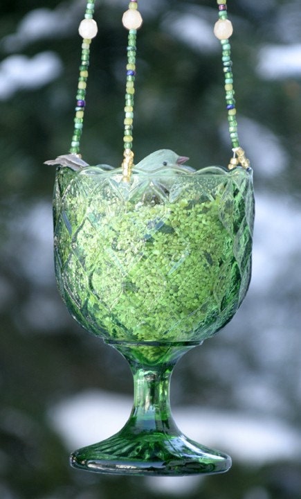 Vintage Green Diamond Pattern Glass Beaded Hanging Candle Holder or Bird Feeder