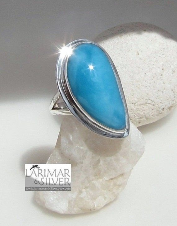 Larimar teardrop ring size 9 - Luxury Blue, beautiful AAA turquoise blue Larimar gem