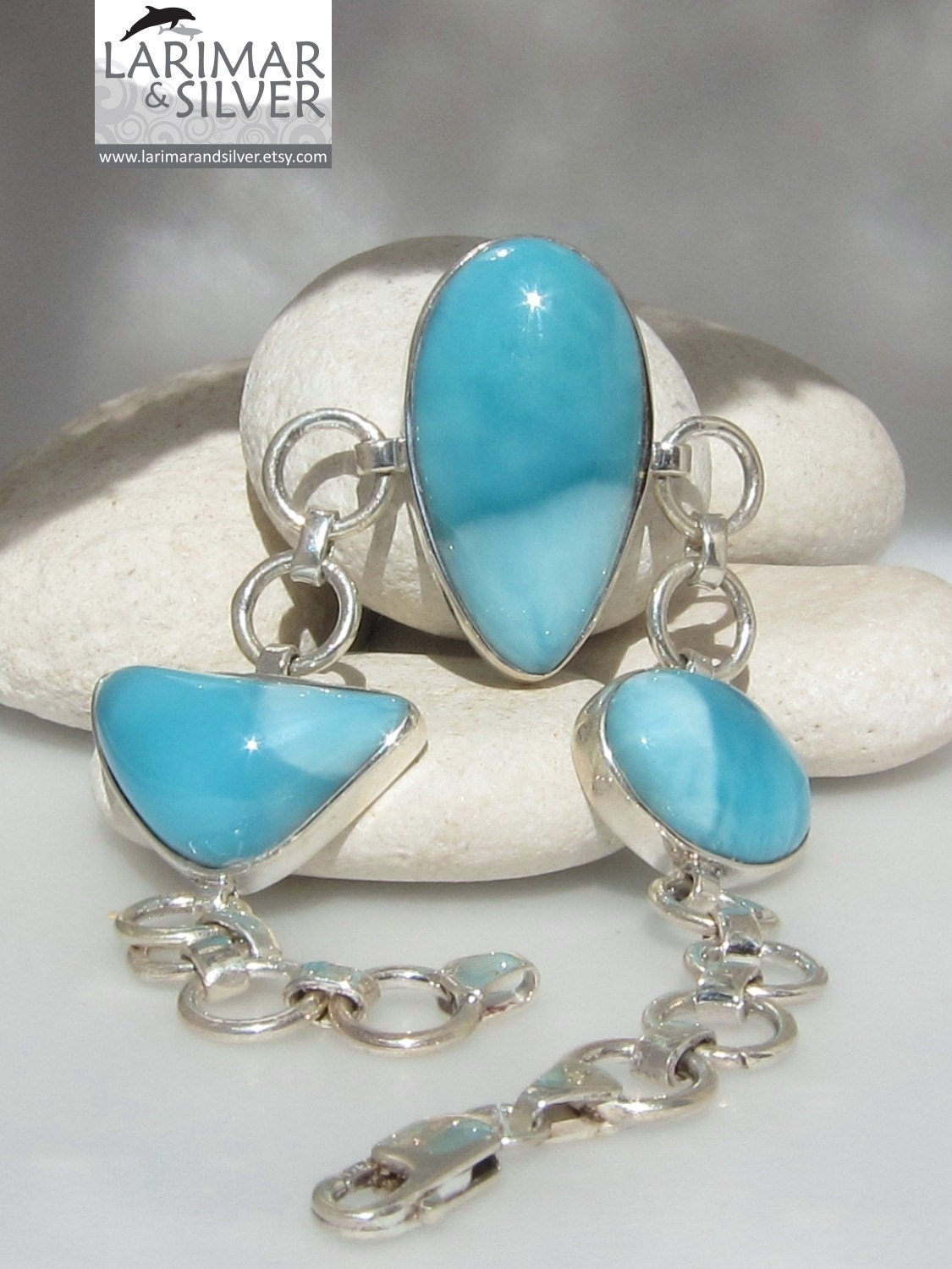 Larimar bracelet, Dolphin Dreams - superb turquoise blue Larimar matched gemstones