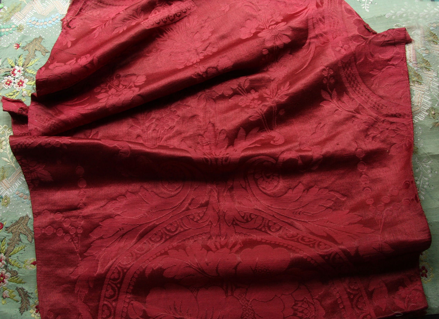 Antique silk brocade rose florals lush cranberry red heavy fabric craft upcycling pillow corset