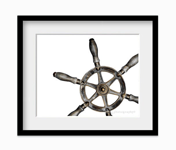 Ship Wheel Wall Art Print -Nautical Decor For Dudes - Men Centric- Grey Black- Fathers Day - Under 20