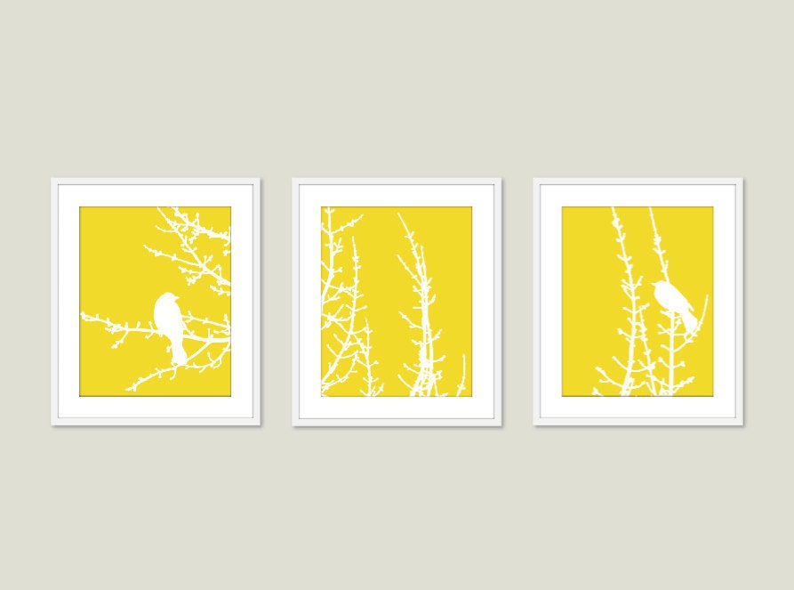 Birds and Branches - Digital Print Set - Yellow Lemon Zest - Modern Home Decor - Bird on Twig - Woodland Tree - Wall Art - Spring Summer