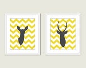 Modern Deer Antlers Digital Print Set  - Yellow and Grey - Chevron - Wall Art - Woodland Wedding Gift - Home Decor - Master Bedroom Decor