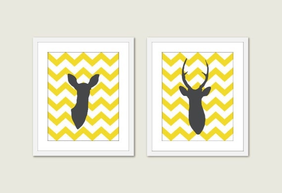 Modern Deer Antlers Digital Print Set - Yellow and Grey - Chevron - Wall Art - Woodland Wedding Gift - Home Decor - Master Bedroom Decor