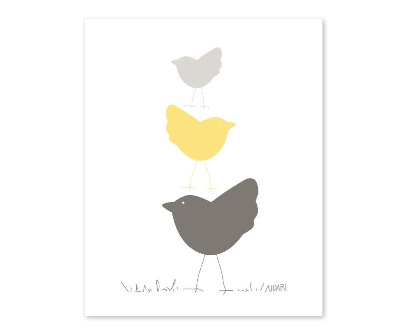 Birds Nursery Art Print Baby Art, Children's Art, Yellow and Grey Taupe - Yellow Melow - Pastel