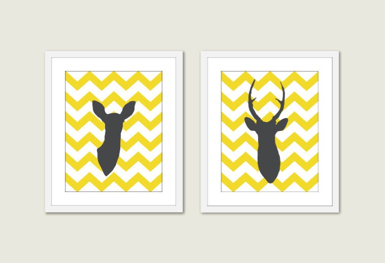 Modern Deer Antlers Digital Print Set  - Yellow and Grey - Chevron - Wall Art - Woodland Wedding Gift - Home Decor - Master Bedroom Decor