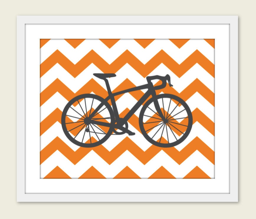 Bike Chevron Nursery Wall Art Print Modern Home Decor Bicycle Yellow Citrine Grey