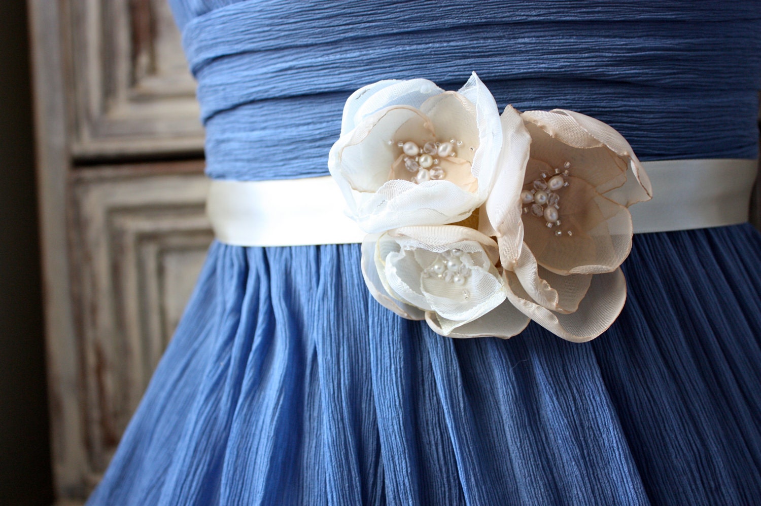 Organza Rose Belt Trio in Champagne, Ivory Brown and Ivory with Crystal Detail (Style No. 23) Bridal Sash