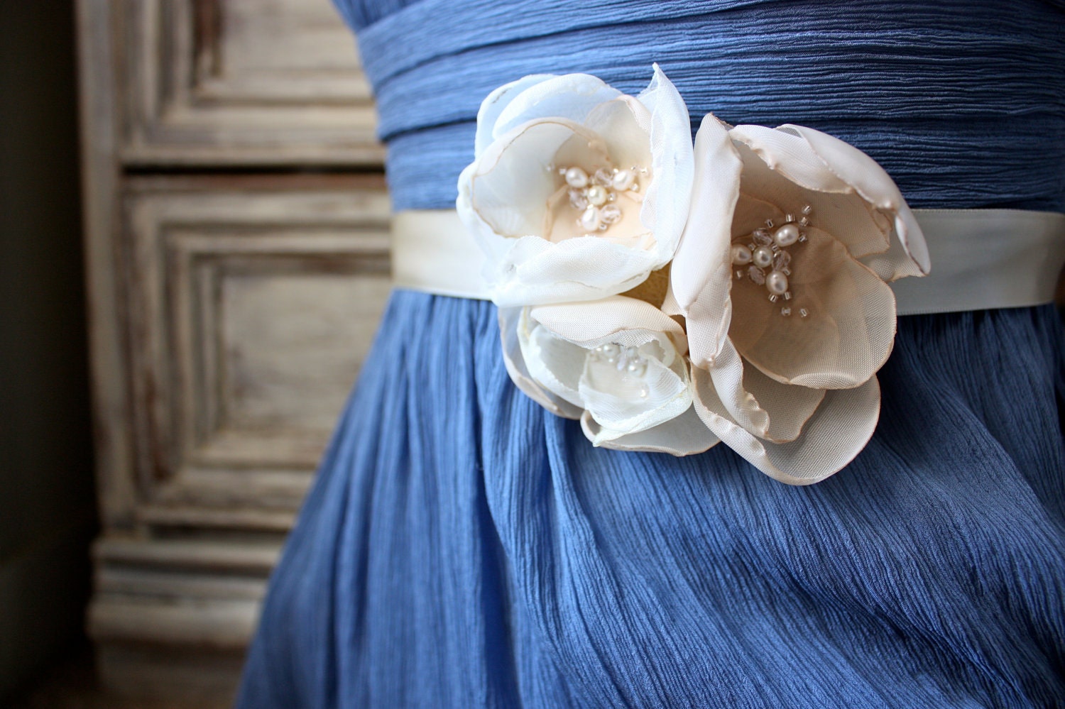 Organza Rose Belt Trio in Champagne, Ivory Brown and Ivory with Crystal Detail (Style No. 23) Bridal Sash