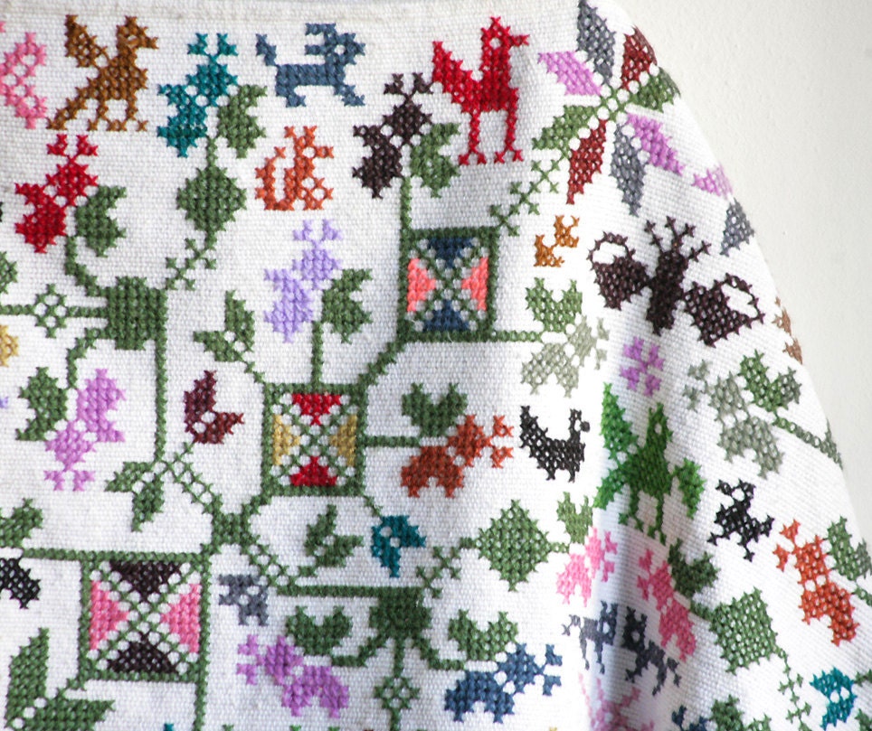 White Poncho in colorful Crosstitch - Handmade Animal and Flower Folk style ornaments