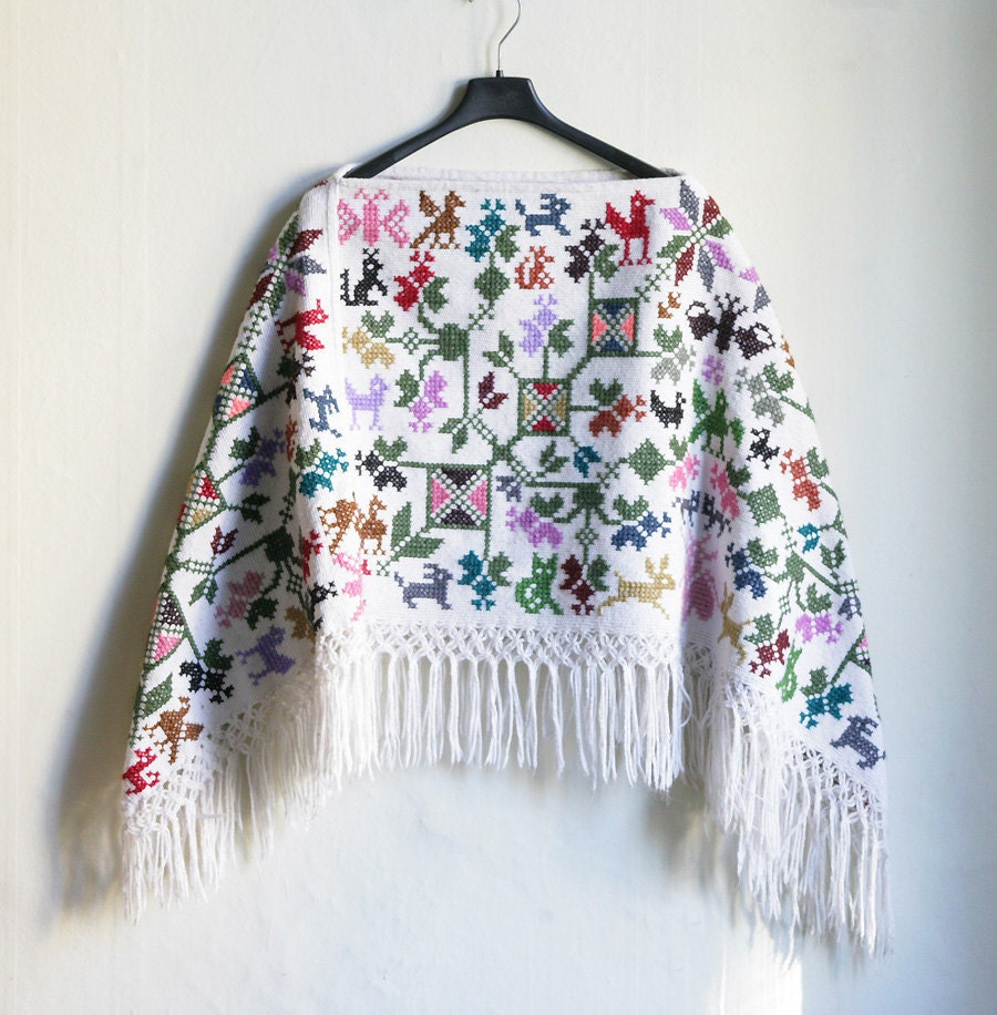 White Poncho in colorful Crosstitch - Handmade Animal and Flower Folk style ornaments