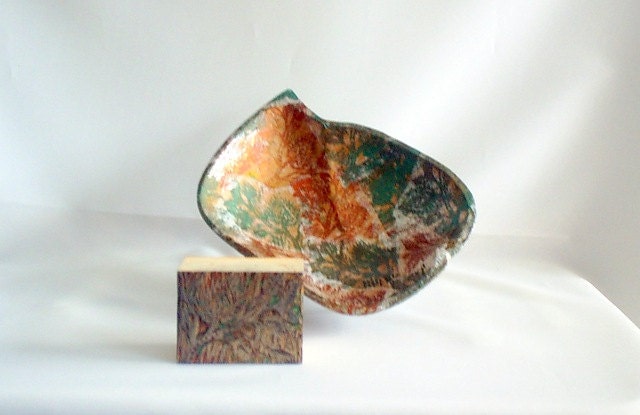 Henna leaf dish,  hand printed upcycle wood collage gold green
