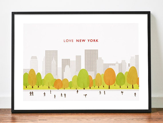 New York poster art print illustration Central Park Love city skyline