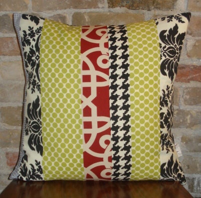 contemporary quilt pillow case 20x20, black and white, red, lime