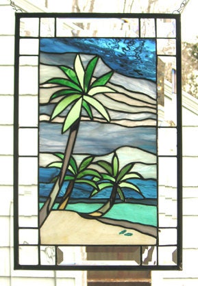 Beach and Palm Tree Panel12 x 18Stained by StainedGlassArtist