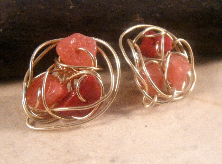 Watermelon post stud earrings 14K gold vermeil semiprecious rock chips