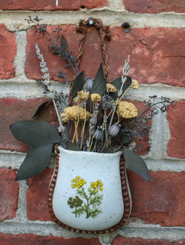 Clay Pottery Vintage Wall Pocket with Dried Flowers French Country European Style