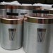 Silver and Copper Colored Retro Aluminum Set of 4 Kitchen Canisters Plus Cookie Jar Maid of Honor Mid Century