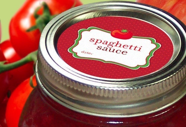 Spaghetti Sauce Canning labels, round red stickers for mason jars, Tomatoes, food preservation