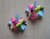 Hair Bows Set  2---MINI Funky Fun Over the Top Bows---M2M Gymboree Growing Flowers Line---Lime, Lt. Blue, Pink and Brown