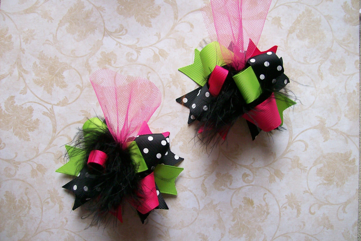 Girls Hair Bows ---Mini Funky Fun Over the Top Bows---Pink, Lime, Black---Set of 2--M2M Peaches N Cream