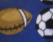 Handmade Fleece Blanket of Basketballs, Footballs, Soccer Balls on Blue with Blue