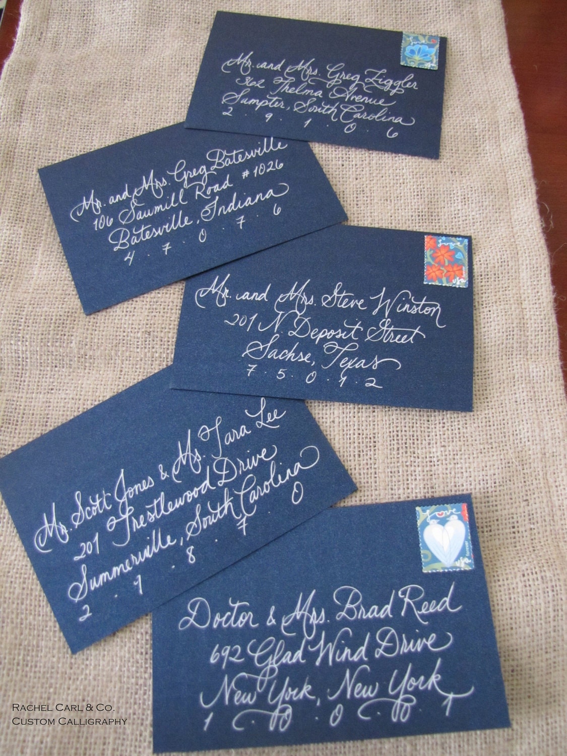Custom Calligraphy Wedding Hand Addressed-Blue Envelopes with Silver ink