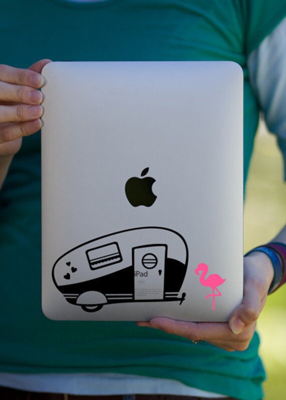 Travel Trailer with pink flamingo Retro iPad Decal / Macbook Decal / Laptop Sticker