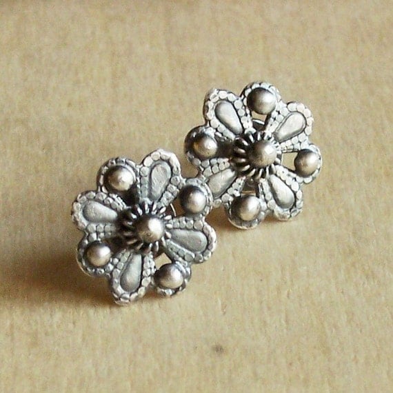 Flower studs, small earring studs, silver post earrings, rustic, flower earrings, metalsmithing metalwork