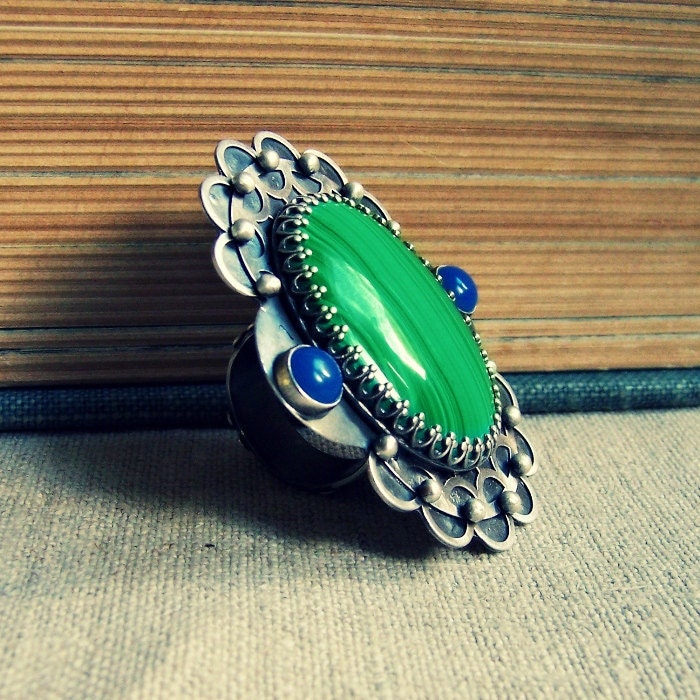 XL large sterling silver metalsmith ring with gemstones malachite and agate, blue green, filigree and flower metalwork, cabochon ring