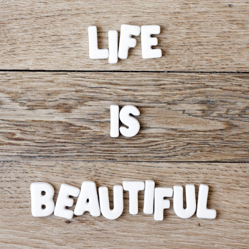 Life is beautiful typography photography print 8x8 positive thinking Inspirational quote Home decor wall poster monochromatic color brown