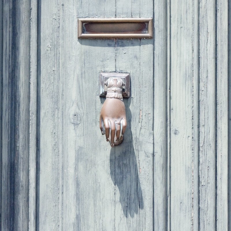 Still life monochromatic photography print Engagement ring hand Door  France 8x8 French home decor Green Wood Wall decor color photography