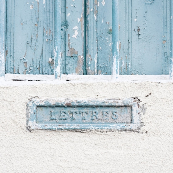 Mail Box Letters Photography print, France 8x8 rustic teal fine art wall poster french home decor still life color monochromatic photography