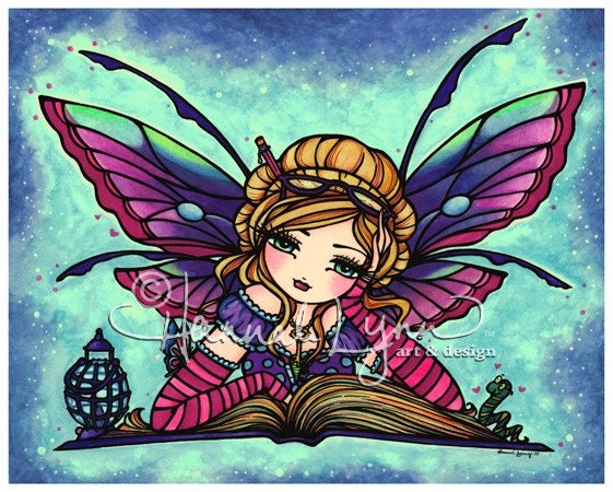 8x10 Bookworm Fairy Fantasy Art Print by Hannah Lynn