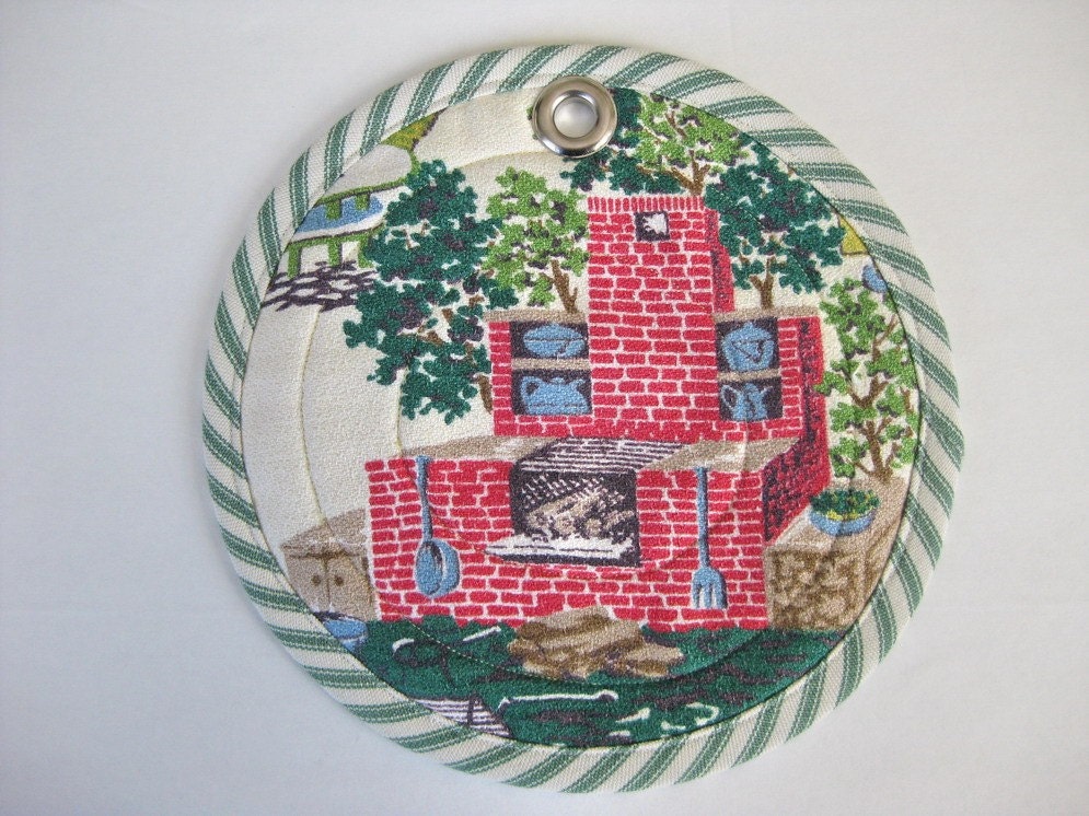 Pair Barbeque Picnic Barkcloth Quilted Potholders