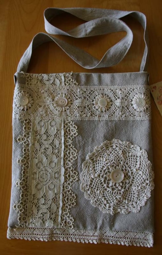 Fab OOAK Handmade Linen Shoulder Bag with Vintage Lace Trim